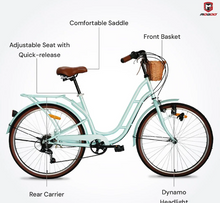 Load image into Gallery viewer, Mogoo Florida Vintage 6 Speed City Bike With Front Basket, 24"-26" Age 12 Years+ Unisex