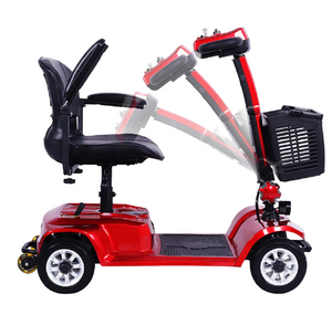 Red mobility scooter with a black seat and basket on a white background